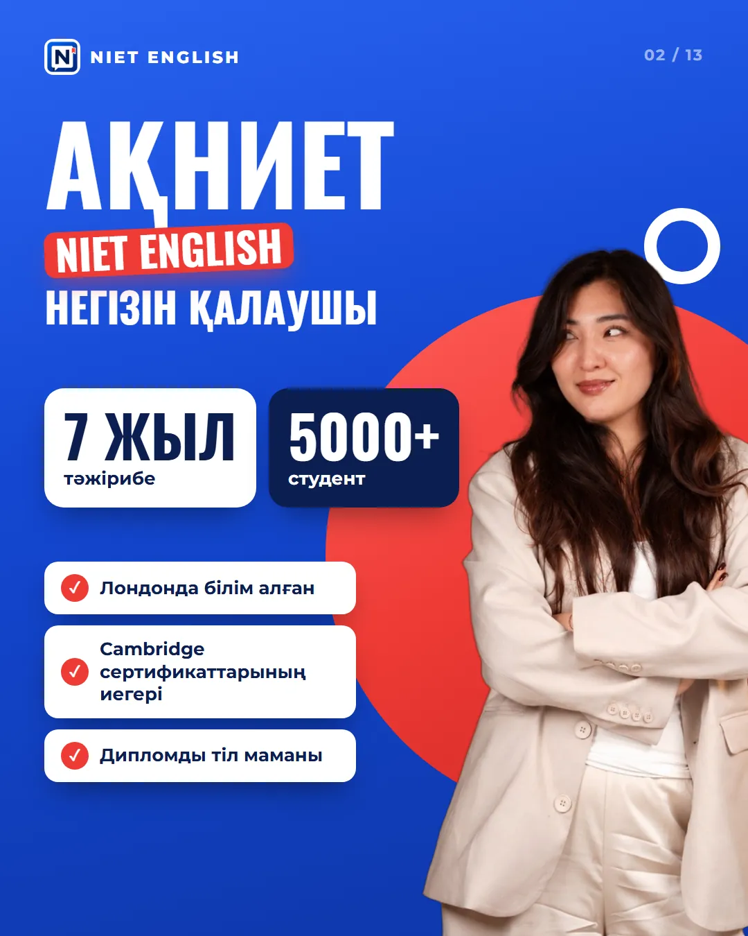 Слайд 2 карусели NIET ENGLISH: Ақниет, основатель NIET ENGLISH: 7 лет опыта, 5000+ студентов