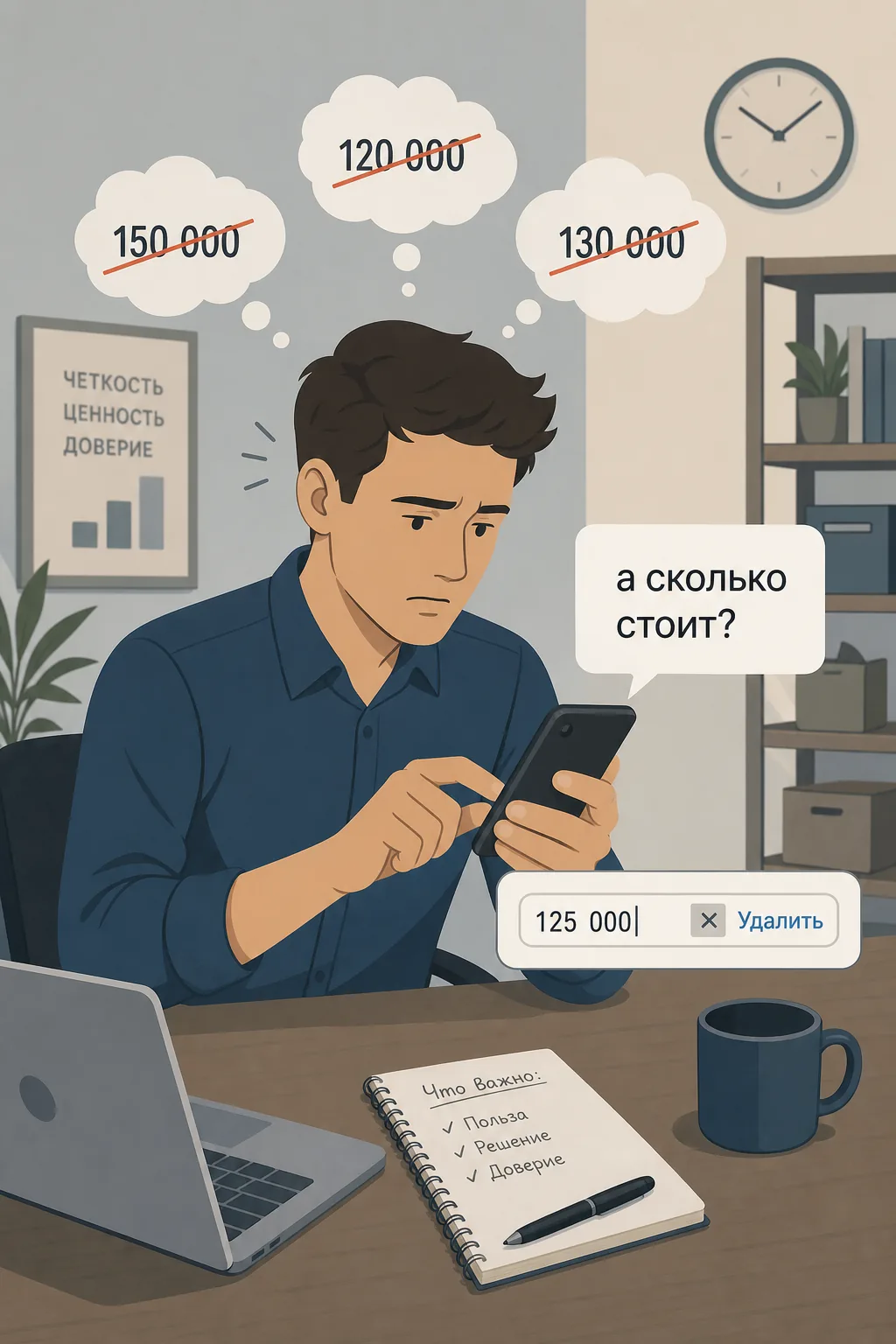 Человек стирает цену перед отправкой, зачёркнутые варианты сумм в мыслях