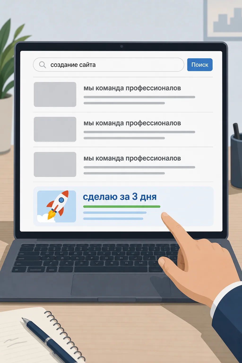 Выдача Google: одинаковые «мы команда профессионалов» и одно понятное «сделаю за 3 дня»