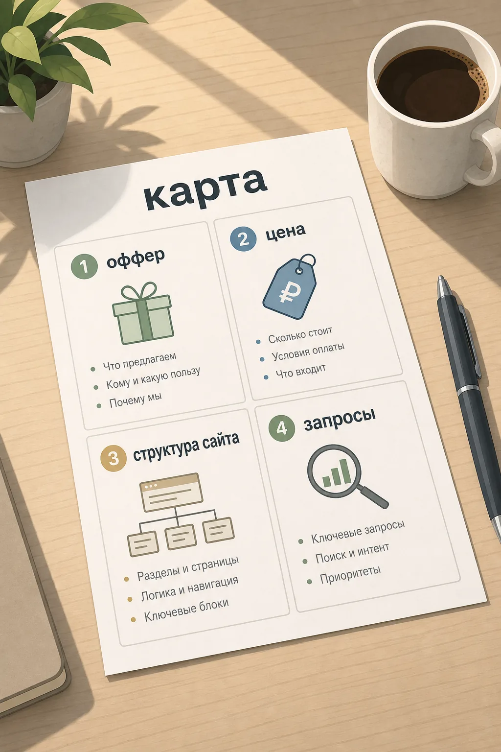 Карта на одну страницу: оффер, цена, структура сайта, запросы