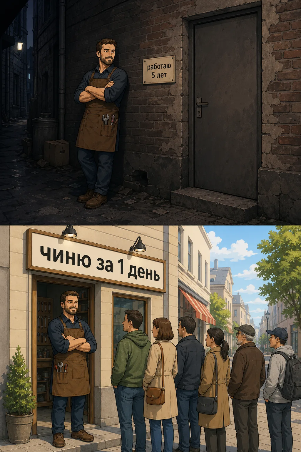 Один и тот же мастер: в тёмном переулке без вывески и на светлой улице с понятной вывеской и очередью